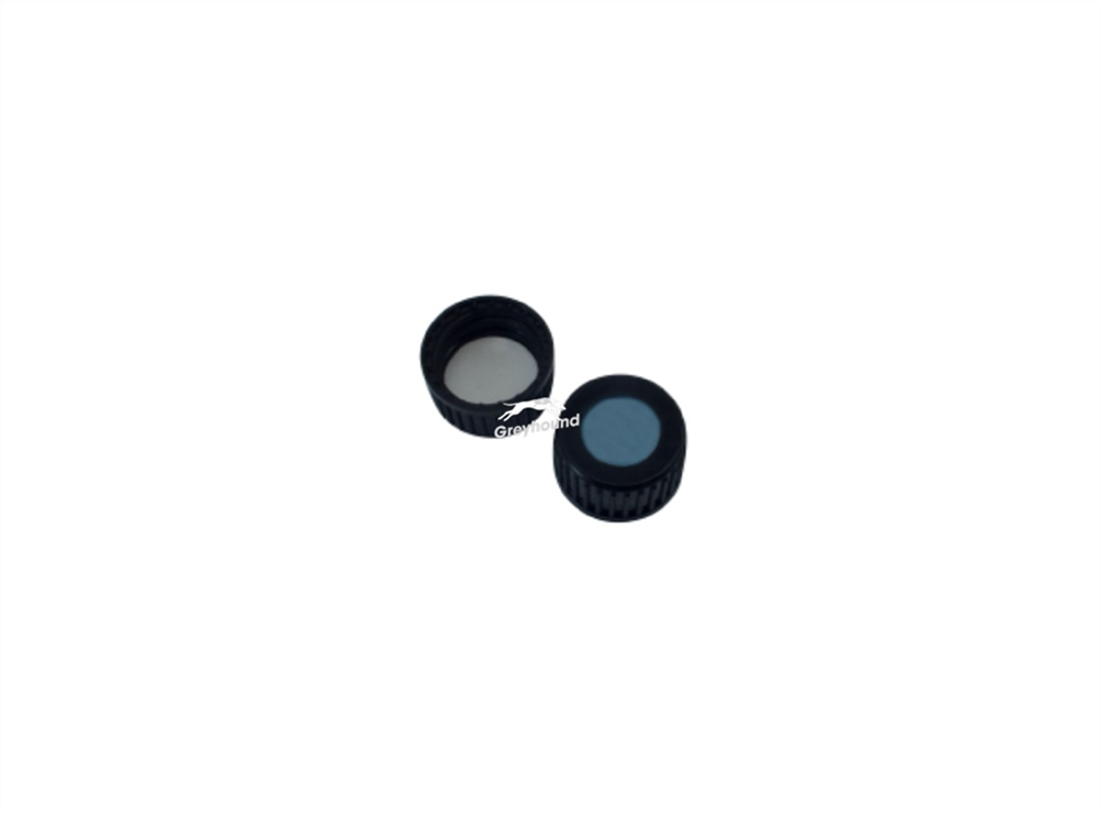 Picture of 18mm Polypropylene Open Top Screw Cap, Black with White PTFE/Blue Translucent Silicone Septa, 1.5mm, (Shore A 45)